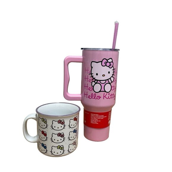 HELLO KITTY PINK TUMBLER WITH STRAW & HANDLE 2 PC SET COFFEE MUG RAINBOW BOWS - Picture 2 of 5